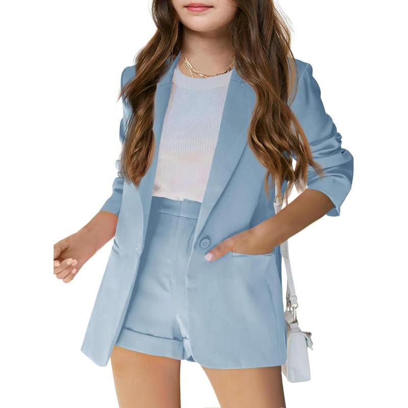 Girls 2 Piece Outfits Button Front Long Sleeve Blazer and Short Pants Suit Sets 4-14 Years