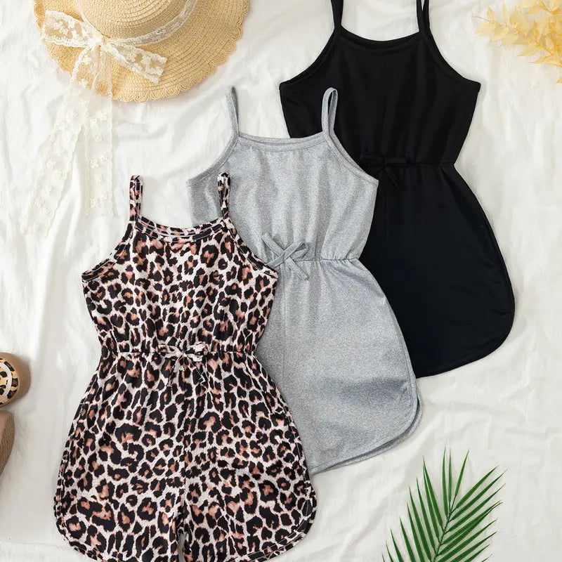 Girls' 3-Piece Sleeveless Cami Romper Matching Outfits Set (4-7 Years) - Floral, Leopard Prints & Solids for New Looks, Adjustable Bow, Fitted Cut Summer Casual Beach Vacation Jumpsuit Outfit