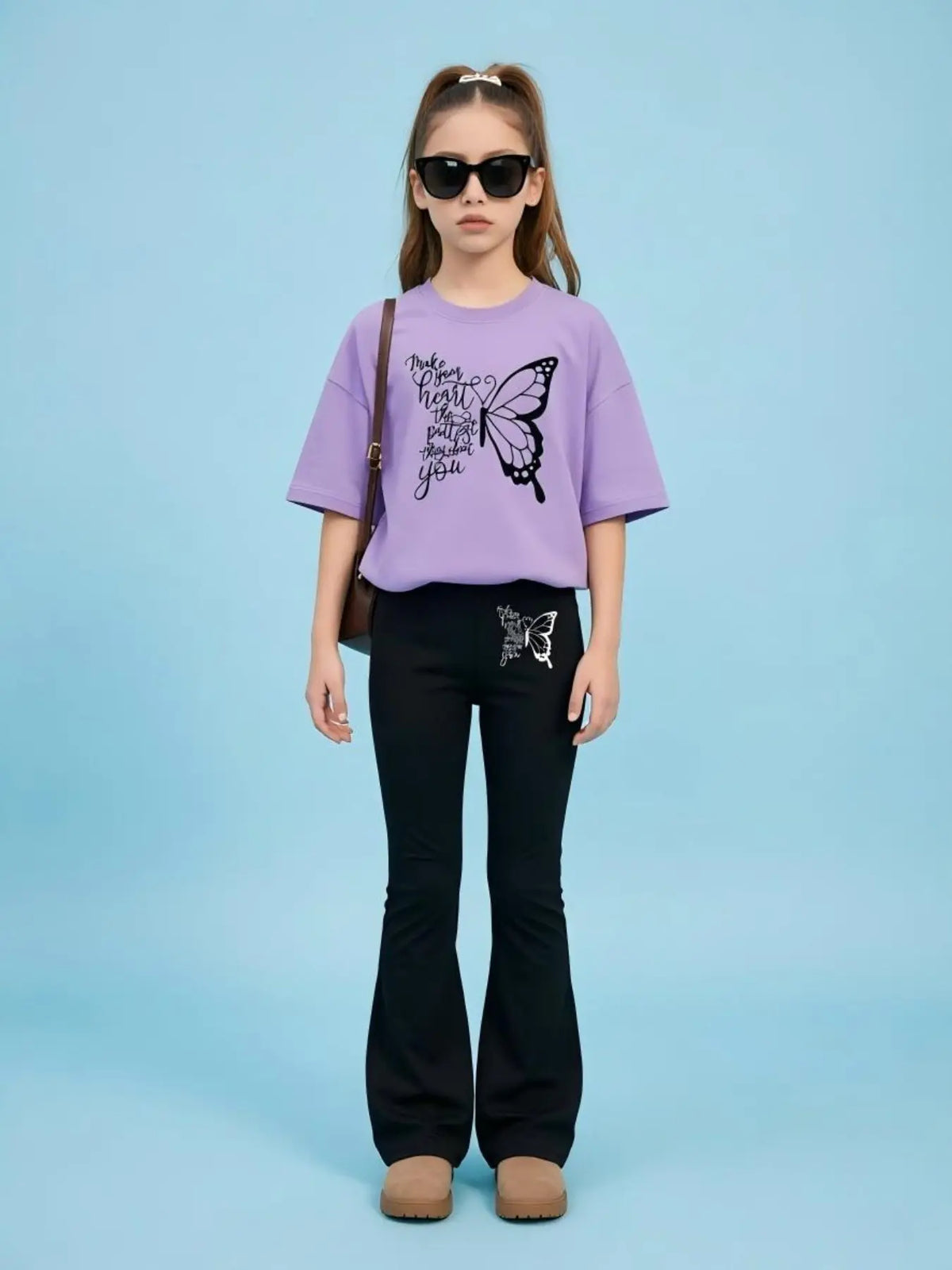 2pcs Girls' Summer Fashion Casual Lightweight Cartoon Print Drop Shoulder Short Sleeve T-Shirt + Elastic Bell Pants Summer Clothes Set Outfit, Cute Fitted for All Seasons