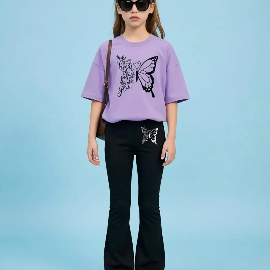 2pcs Girls' Summer Fashion Casual Lightweight Cartoon Print Drop Shoulder Short Sleeve T-Shirt + Elastic Bell Pants Summer Clothes Set Outfit, Cute Fitted for All Seasons