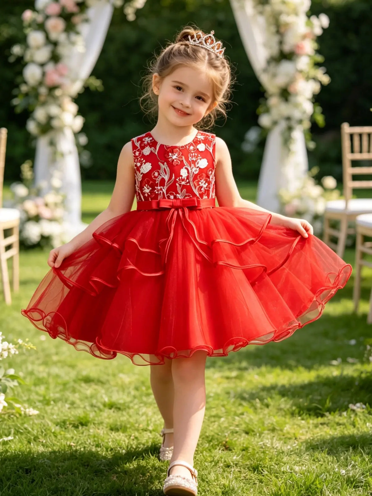 Girls' Flower Embroidery Belted Tulle Dress, Elegant Sleeveless Round Neck Formal  Dress for Party Wedding Guest, Kids Clothes for All Seasons