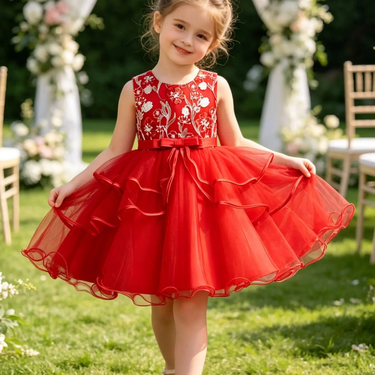 Girls' Flower Embroidery Belted Tulle Dress, Elegant Sleeveless Round Neck Formal  Dress for Party Wedding Guest, Kids Clothes for All Seasons