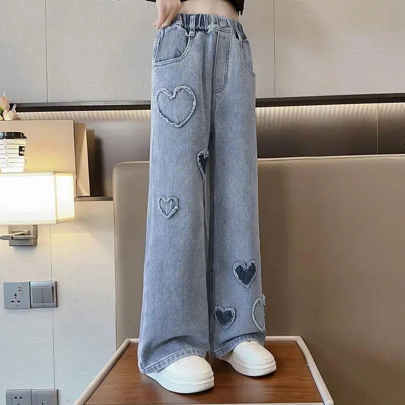 Girls' Denim Jeans, Spring & Autumn New Loose Casual Straight-Wide Leg Style with Heart Love Patch, Kids Clothing Girls Casual Bottoms,back to school