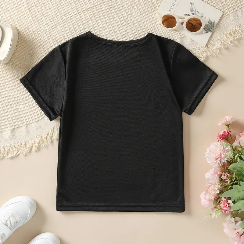 PUEMCO Toddler Girls' Edgy Feral Style Graphic T-Shirt - Retro Pink Skeleton Hand Smiley Face, Breathable Cotton Helps Her Stay Cool, Crack-proof Short Sleeve Kids Clothing Girls Toddler Fashion