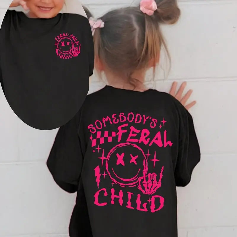 PUEMCO Toddler Girls' Edgy Feral Style Graphic T-Shirt - Retro Pink Skeleton Hand Smiley Face, Breathable Cotton Helps Her Stay Cool, Crack-proof Short Sleeve Kids Clothing Girls Toddler Fashion