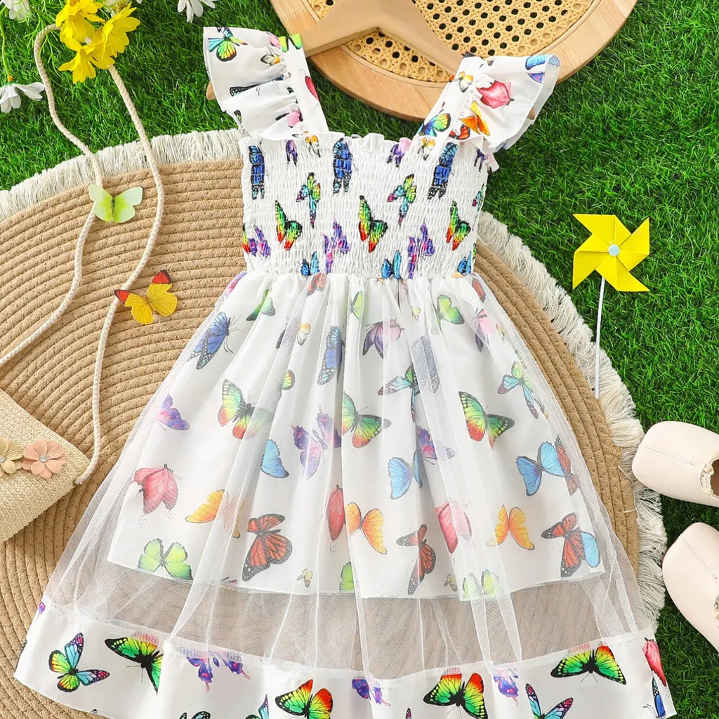 Young Girls Summer Casual Dress, Sleeveless Design, Butterfly Print Pattern, Sweet Style, Colorful Netted Hem Princess Gown, Dresses for Summer, Sundress