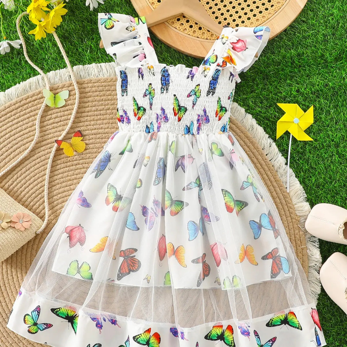 Young Girls Summer Casual Dress, Sleeveless Design, Butterfly Print Pattern, Sweet Style, Colorful Netted Hem Princess Gown, Dresses for Summer, Sundress