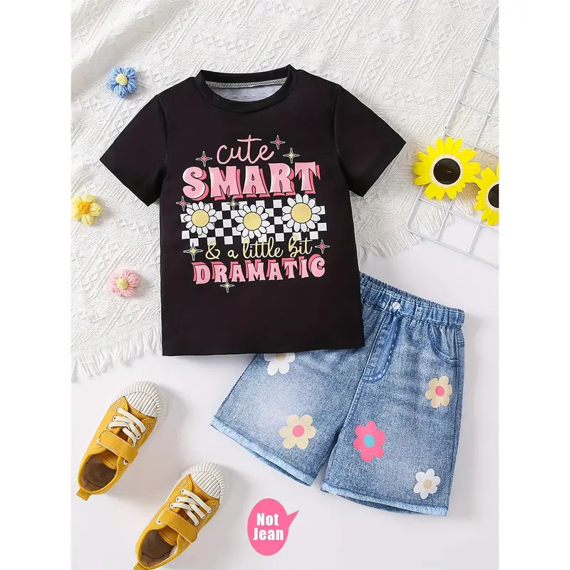 Girls' Casual Tees Set - 2-Piece Short-Length Polyester-Elastane Blend, Floral Print Knit Tee, Faux Denim Shorts with Fake Pockets, Round Neck, Regular Fit, Machine Washable Summer Wear, Sizes 4-5Y,5-6Y,7-8Y,9-10Y