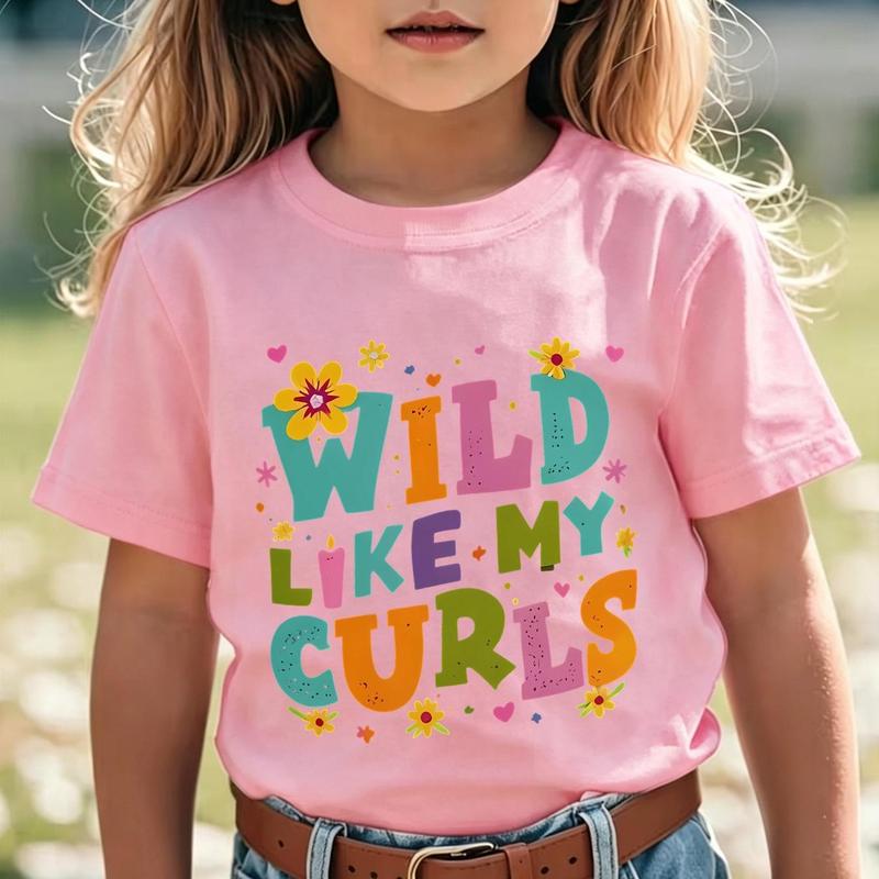 PUEMCO Girls' Cotton Graphic Tees - 2-3y,4-5y,5-6y,6-7y Sizes, 3-4 Years Short Sleeves Scoop Neck Top, Retro Multicolor Bubble Letters Daisy Heart Confetti Print, Wild Like My Curls Curly Hair Pride Casual Outfit, Confidence Gift