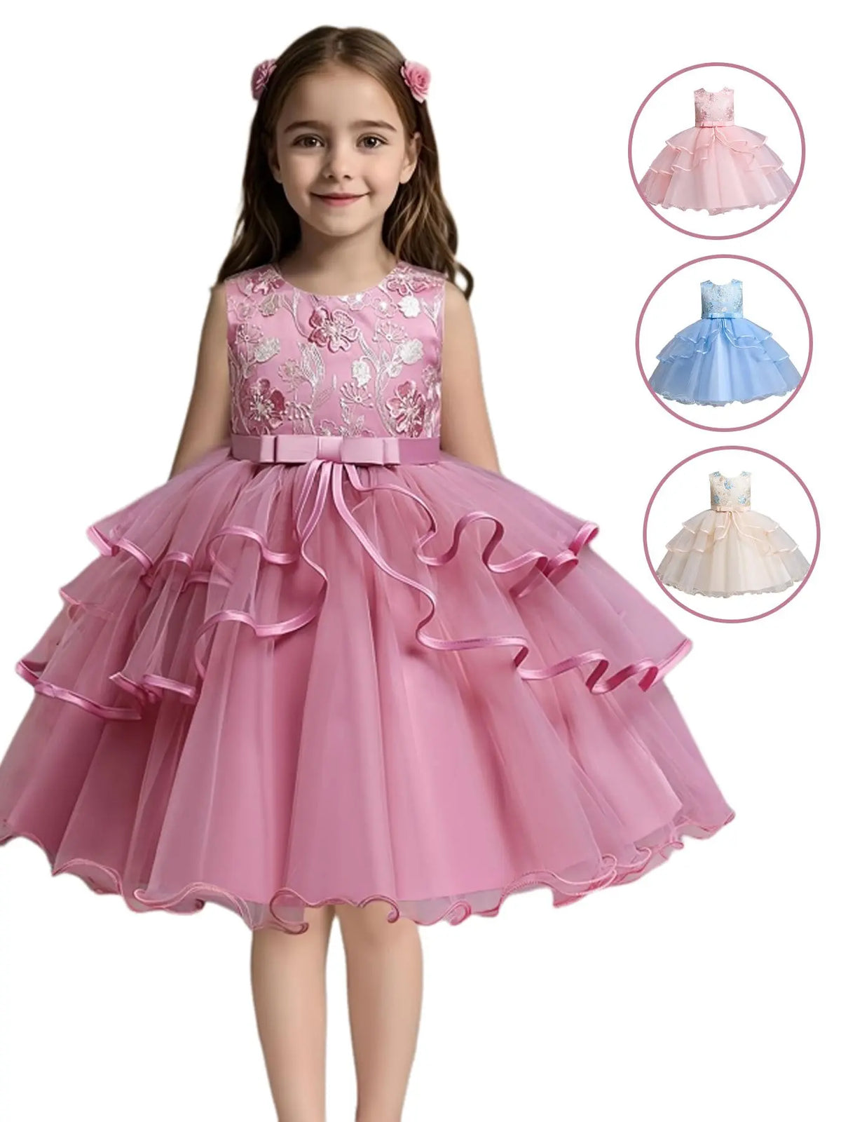 Girls' Flower Embroidery Belted Tulle Dress, Elegant Sleeveless Round Neck Formal  Dress for Party Wedding Guest, Kids Clothes for All Seasons