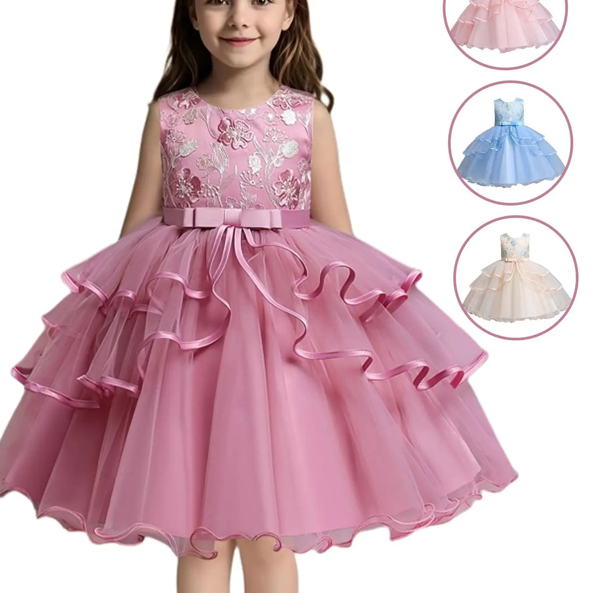 Girls' Flower Embroidery Belted Tulle Dress, Elegant Sleeveless Round Neck Formal  Dress for Party Wedding Guest, Kids Clothes for All Seasons