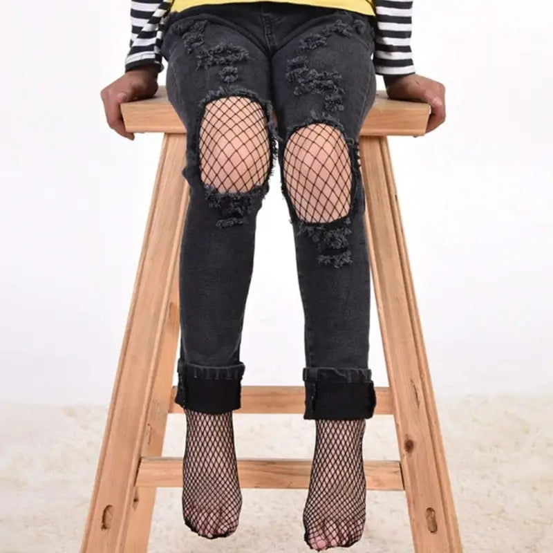 Girls' Nylon High Waist Elastic Waistband 3-Pair Fishnet Pattern Footed Leggings - Hollow-Out Mesh, 360° Stretch, Ideal for Halloween, Party