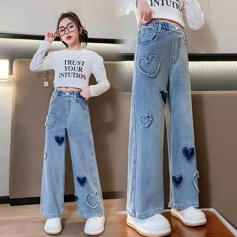 Girls' Denim Jeans, Spring & Autumn New Loose Casual Straight-Wide Leg Style with Heart Love Patch, Kids Clothing Girls Casual Bottoms,back to school