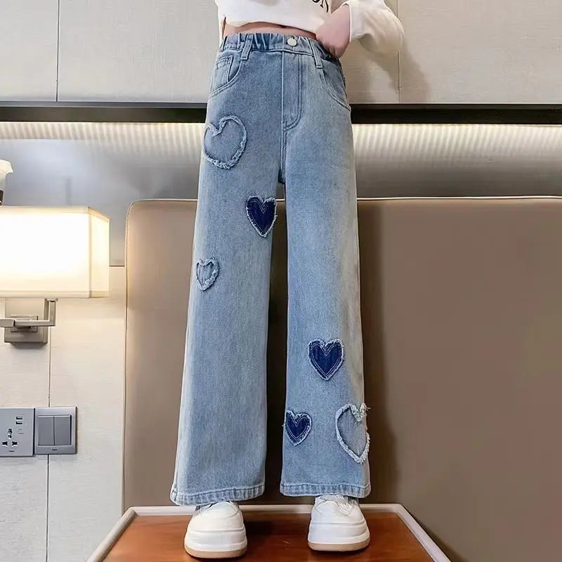 Girls' Denim Jeans, Spring & Autumn New Loose Casual Straight-Wide Leg Style with Heart Love Patch, Kids Clothing Girls Casual Bottoms,back to school
