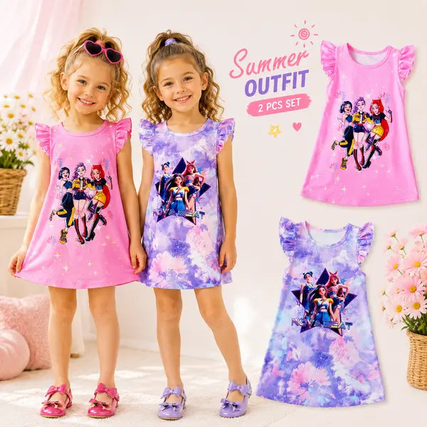Kpop  2-Piece Cute RuffleSleeve Nightgowns,Girls Nova Beat Cartoon Pajama Set,Soft Cotton Kids Sleepwear，Spring Summer Girls' Sleeveless Casual Dress Set, Cute Cartoon Pattern, Comfortable Soft Fabric, Perfect for Daily Wear