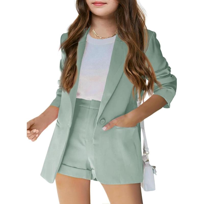Girls 2 Piece Outfits Button Front Long Sleeve Blazer and Short Pants Suit Sets 4-14 Years