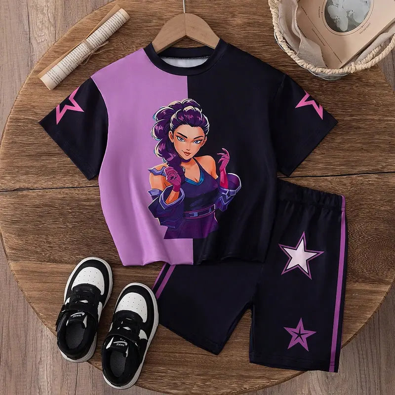Kpop  2-Piece Cute RuffleSleeve Nightgowns,Girls Nova Beat Cartoon Pajama Set,Soft Cotton Kids Sleepwear，Spring Summer Girls' Sleeveless Casual Dress Set, Cute Cartoon Pattern, Comfortable Soft Fabric, Perfect for Daily Wear
