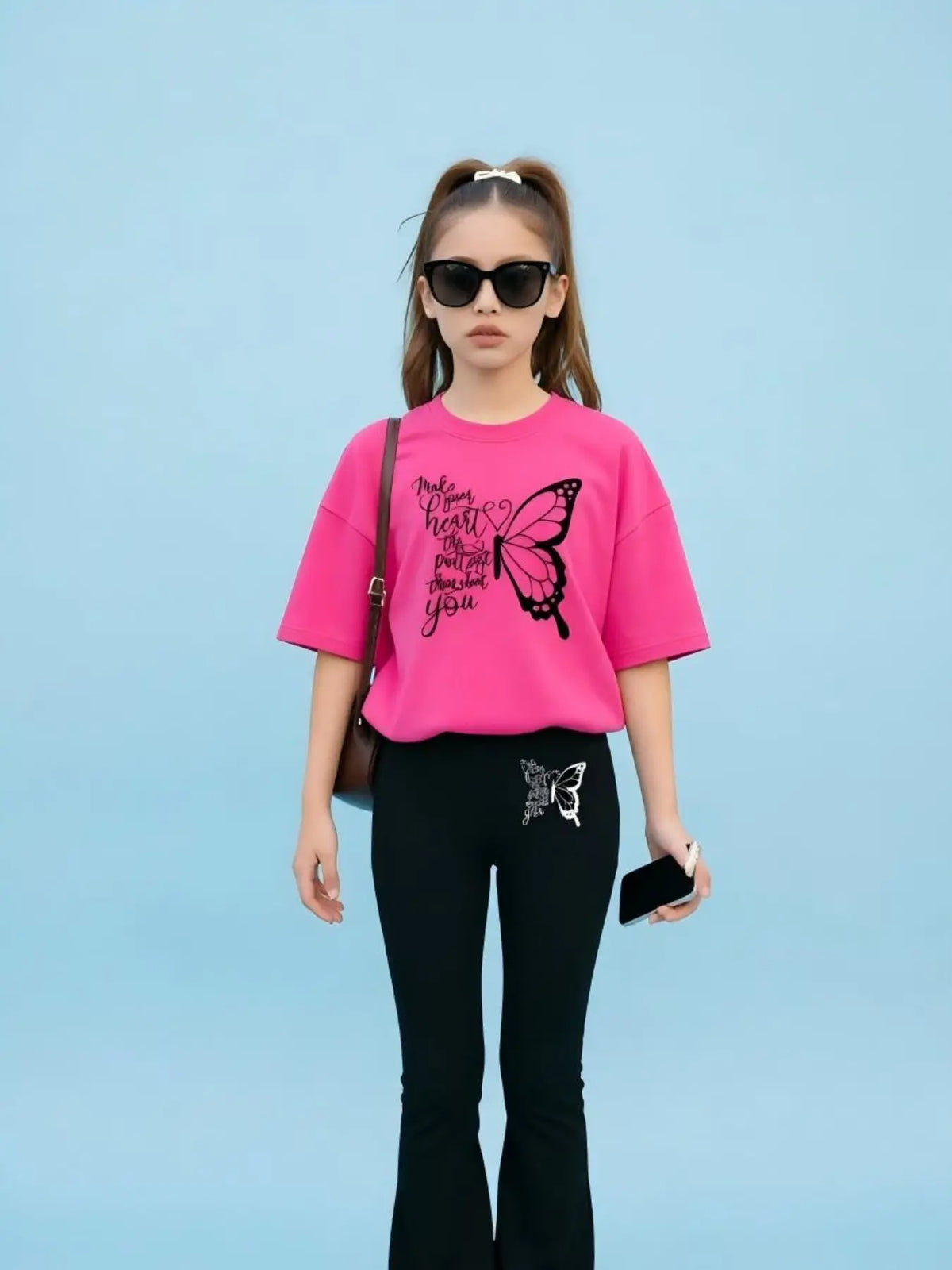 2pcs Girls' Summer Fashion Casual Lightweight Cartoon Print Drop Shoulder Short Sleeve T-Shirt + Elastic Bell Pants Summer Clothes Set Outfit, Cute Fitted for All Seasons