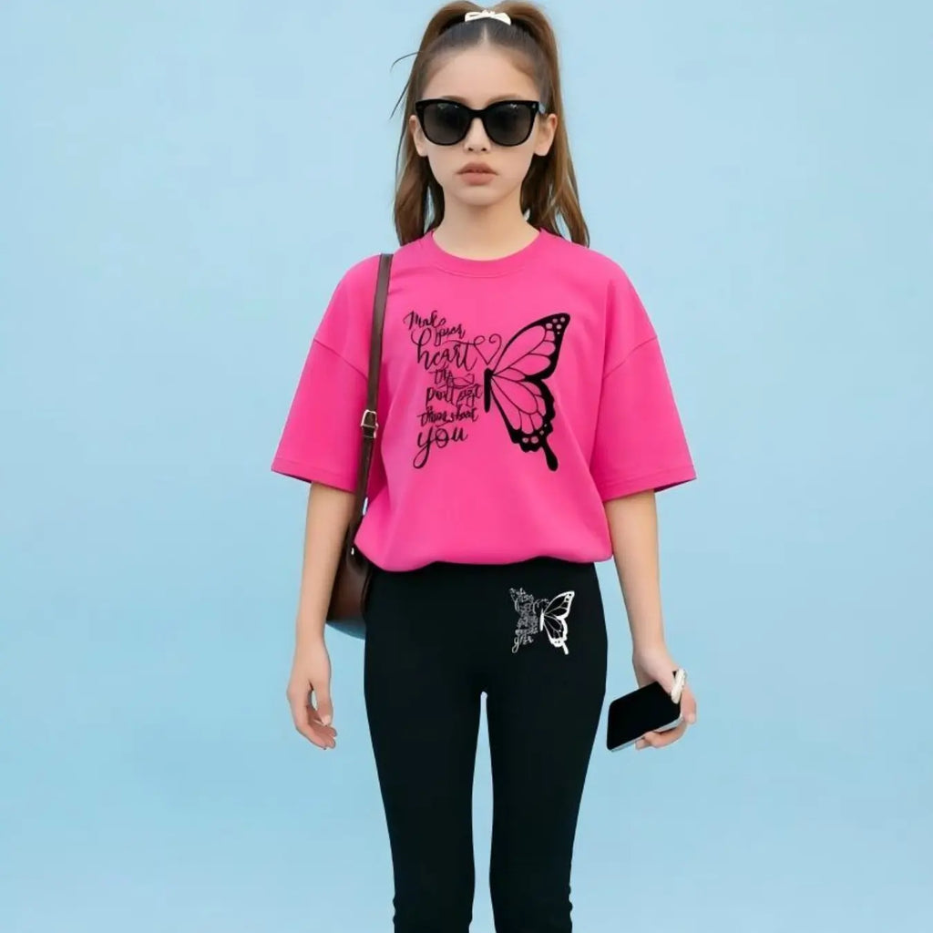 2pcs Girls' Summer Fashion Casual Lightweight Cartoon Print Drop Shoulder Short Sleeve T-Shirt + Elastic Bell Pants Summer Clothes Set Outfit, Cute Fitted for All Seasons