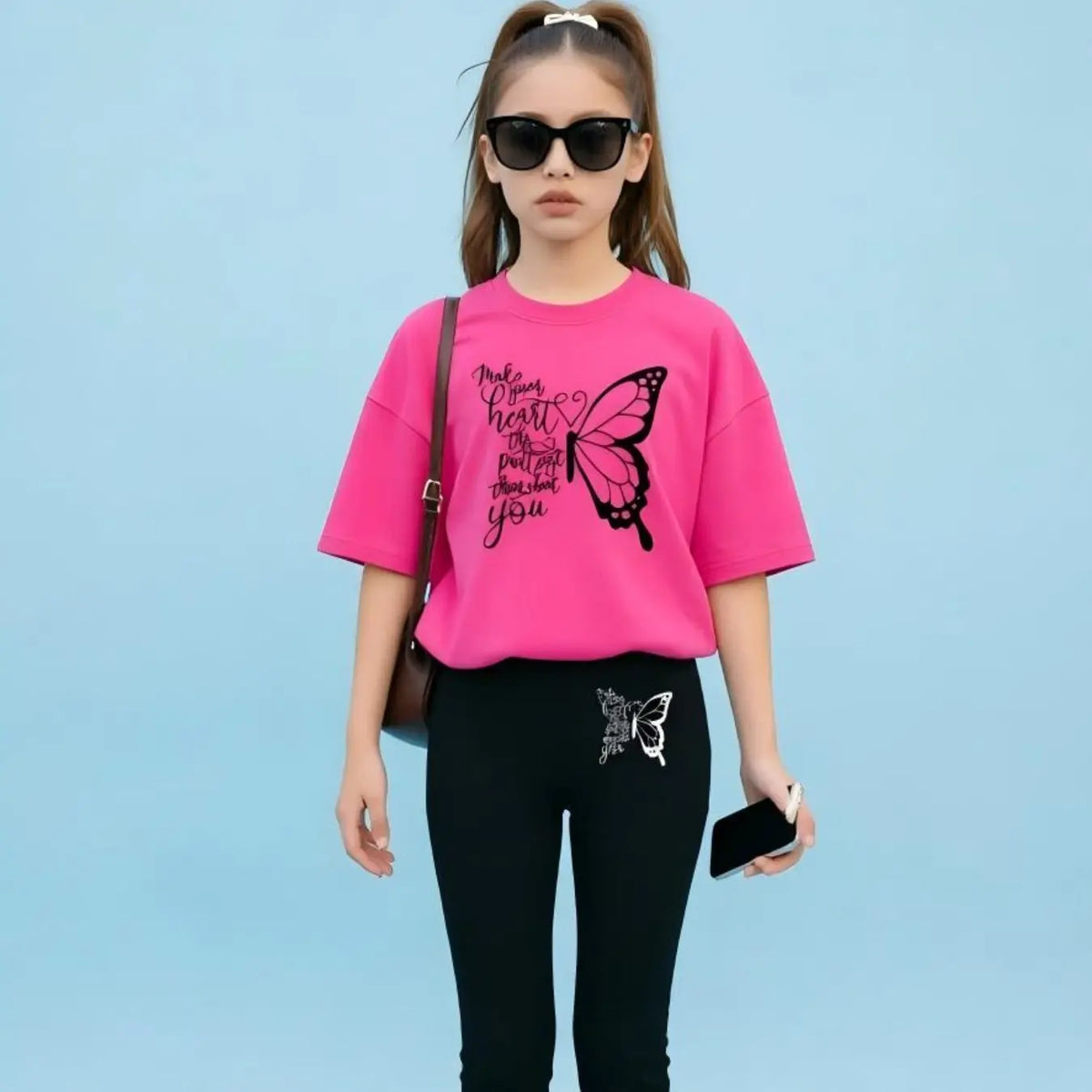 2pcs Girls' Summer Fashion Casual Lightweight Cartoon Print Drop Shoulder Short Sleeve T-Shirt + Elastic Bell Pants Summer Clothes Set Outfit, Cute Fitted for All Seasons