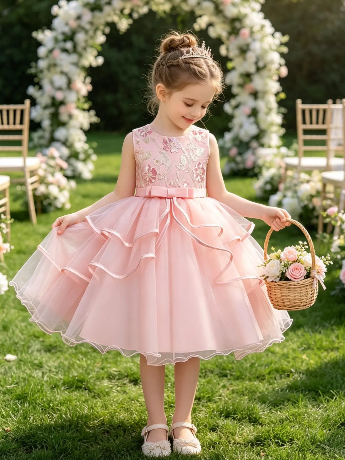 Girls' Flower Embroidery Belted Tulle Dress, Elegant Sleeveless Round Neck Formal  Dress for Party Wedding Guest, Kids Clothes for All Seasons