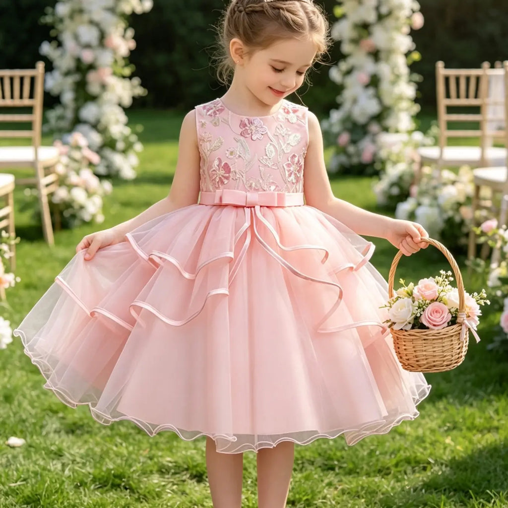 Girls' Flower Embroidery Belted Tulle Dress, Elegant Sleeveless Round Neck Formal  Dress for Party Wedding Guest, Kids Clothes for All Seasons