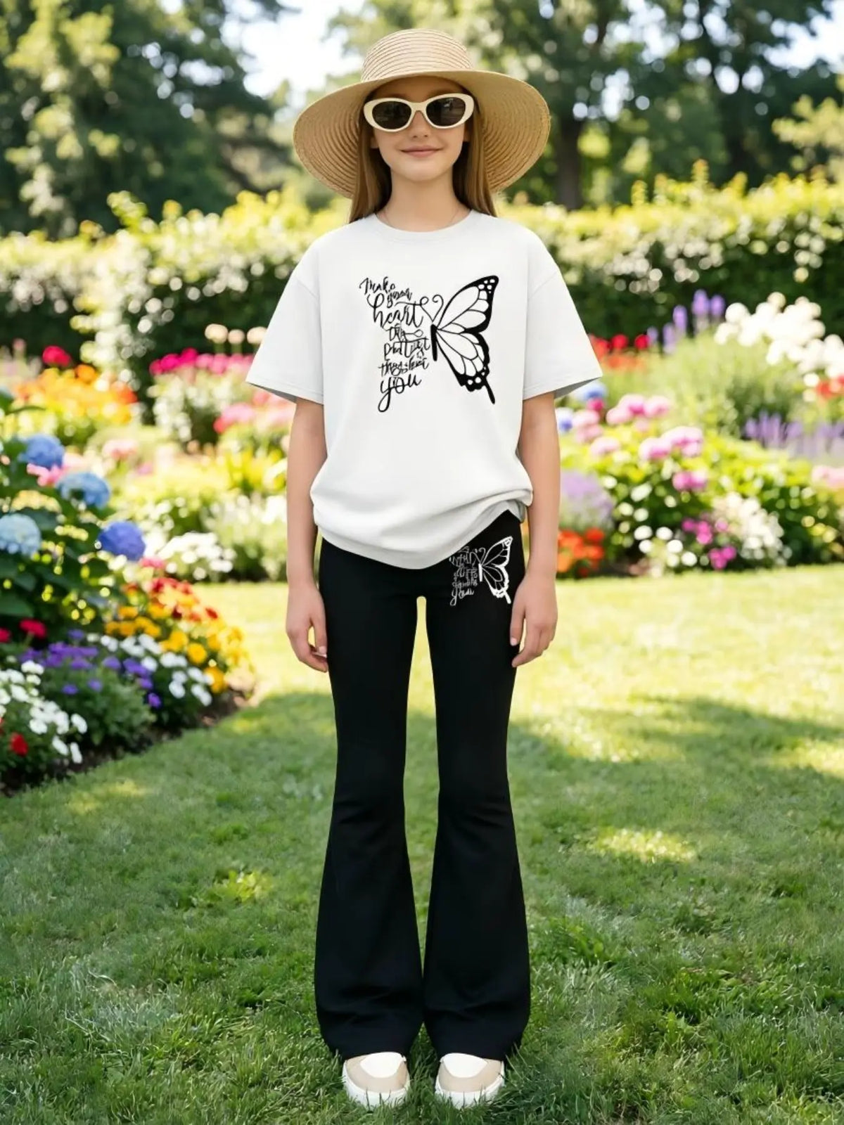 2pcs Girls' Summer Fashion Casual Lightweight Cartoon Print Drop Shoulder Short Sleeve T-Shirt + Elastic Bell Pants Summer Clothes Set Outfit, Cute Fitted for All Seasons