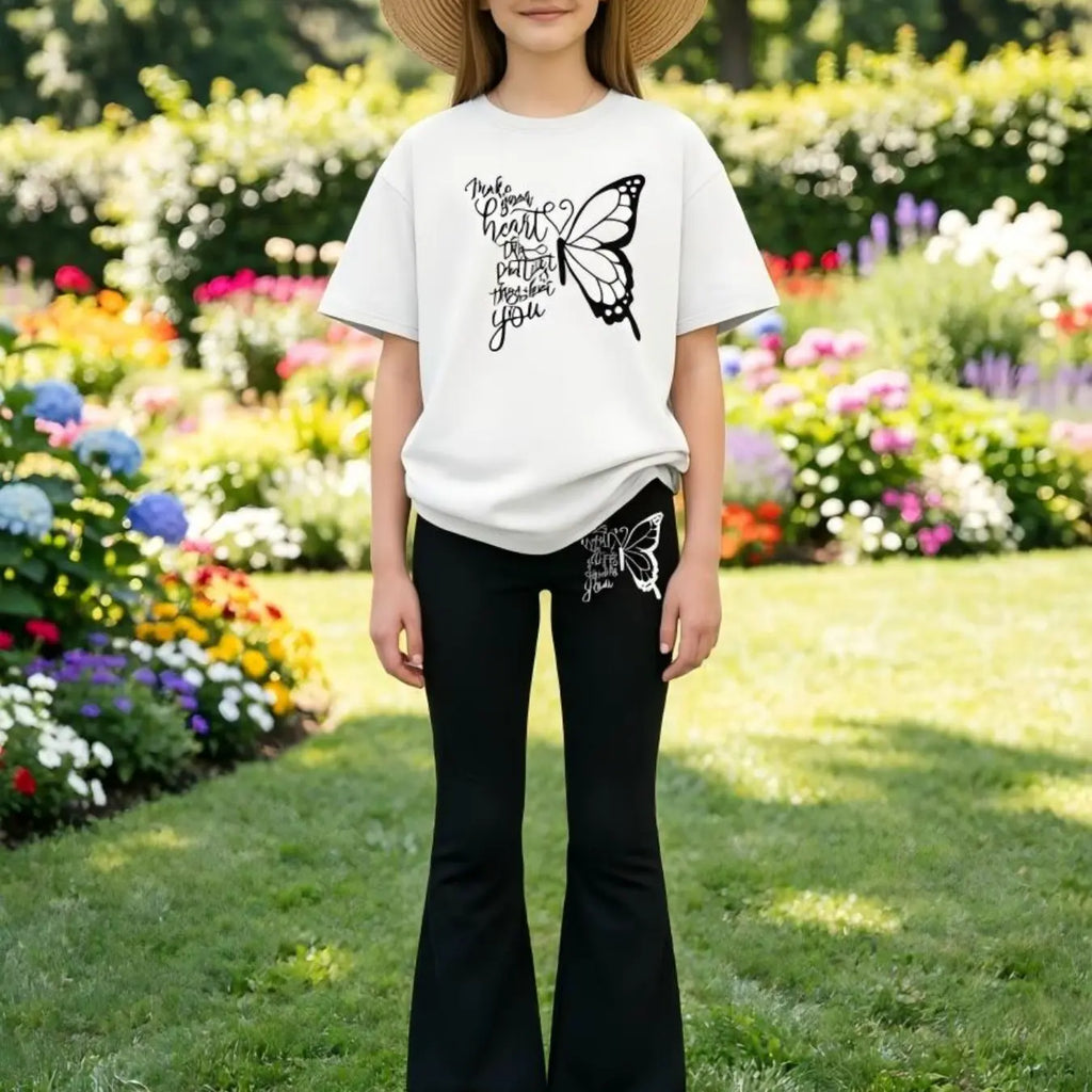 2pcs Girls' Summer Fashion Casual Lightweight Cartoon Print Drop Shoulder Short Sleeve T-Shirt + Elastic Bell Pants Summer Clothes Set Outfit, Cute Fitted for All Seasons
