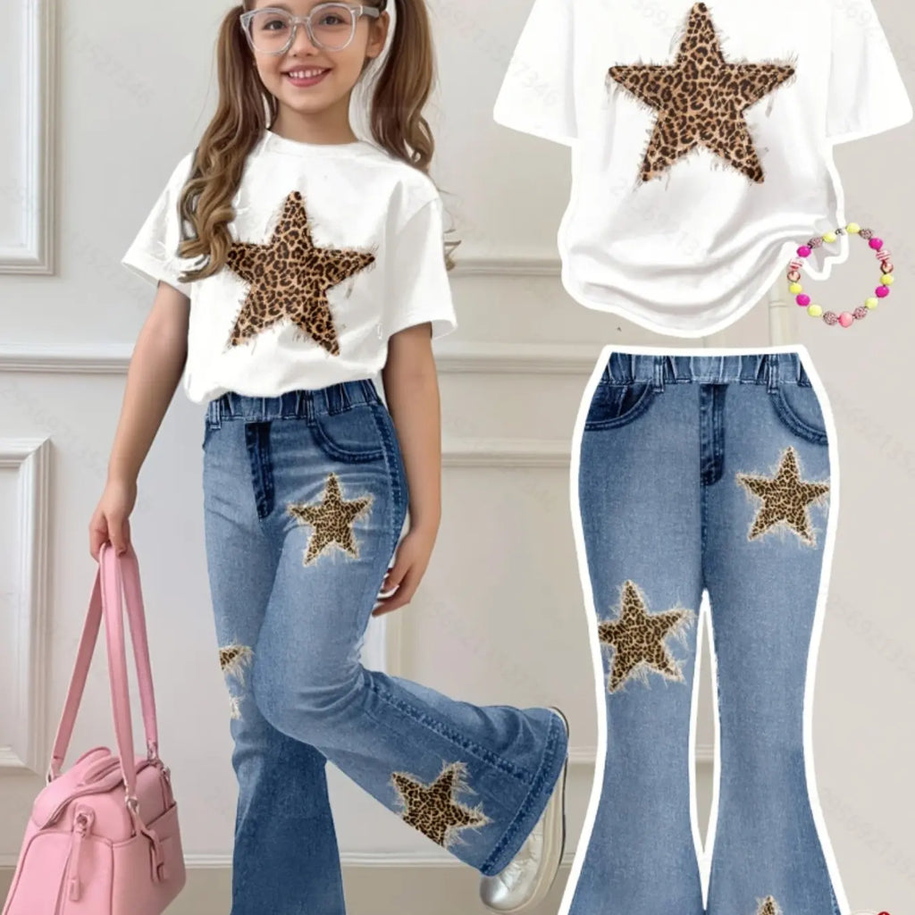 Teen Girls' Two-Piece Casual Set: Short-Sleeve Crewneck T-Shirt and Flared Pants — Vintage Leopard Print and Star Pattern, Matching Clothing Set, Fashion Style Sets, Summer Clothes Set, Summer Outfits Set