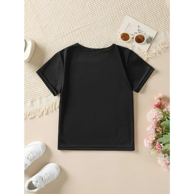 PUEMCO Girls' Cotton Graphic Tees - 2-3y,4-5y,5-6y,6-7y Sizes, 3-4 Years Short Sleeves Scoop Neck Top, Retro Multicolor Bubble Letters Daisy Heart Confetti Print, Wild Like My Curls Curly Hair Pride Casual Outfit, Confidence Gift
