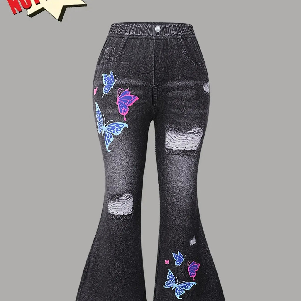 3-Pack Girls' Bell Bottom, Butterfly Print Flare Pants, Soft, Comfortable Knit Pants, Perfect for Festive Parties and Gifts, Elastic Waist Pants