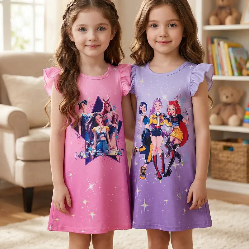 Kpop  2-Piece Cute RuffleSleeve Nightgowns,Girls Nova Beat Cartoon Pajama Set,Soft Cotton Kids Sleepwear，Spring Summer Girls' Sleeveless Casual Dress Set, Cute Cartoon Pattern, Comfortable Soft Fabric, Perfect for Daily Wear