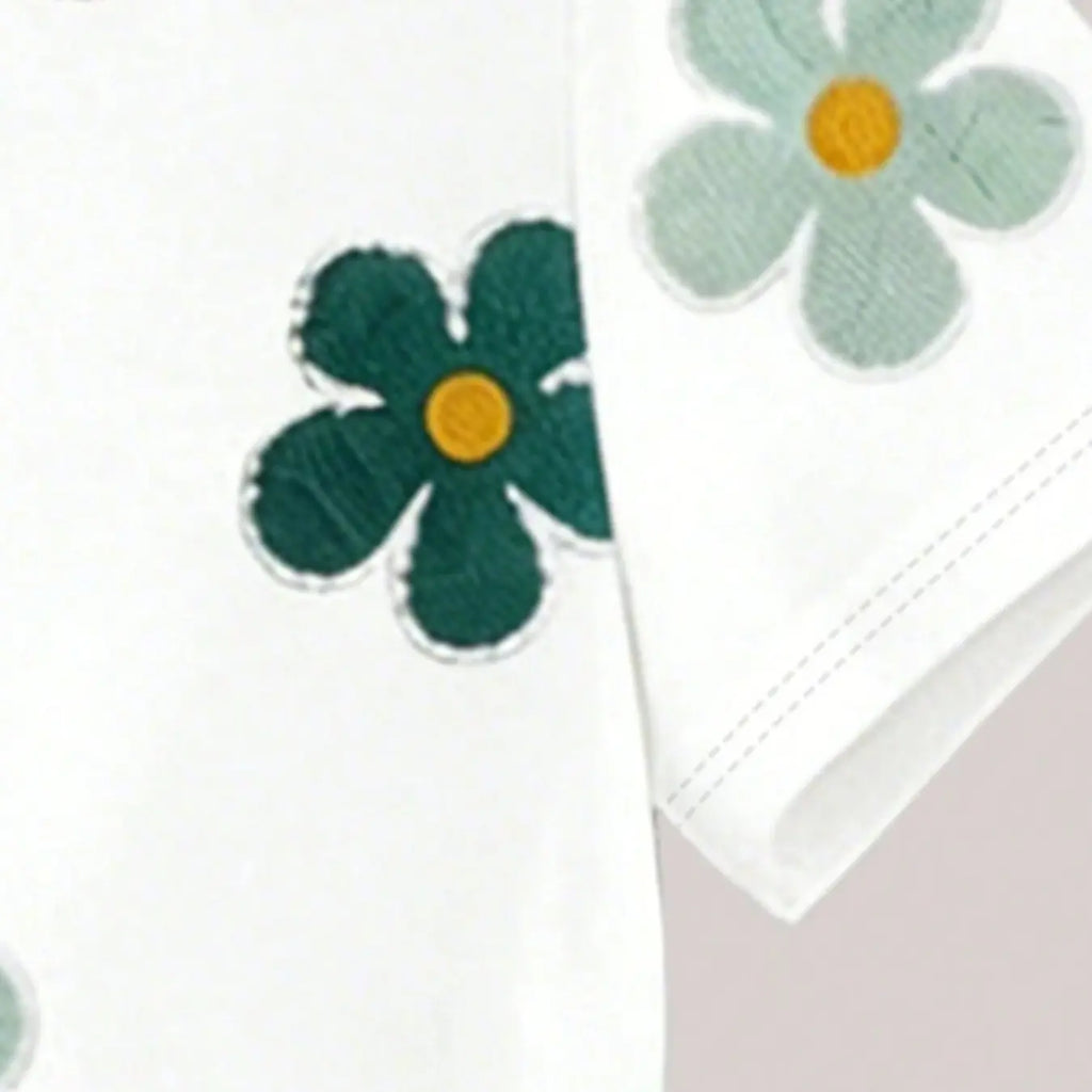 Summer Freshness Mint Floral Girl, Summer Clothes Set, Casual Slim Fit Top & Shorts Set, Breathable Comfort for Kids 4-12 Years
