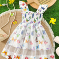 Young Girls Summer Casual Dress, Sleeveless Design, Butterfly Print Pattern, Sweet Style, Colorful Netted Hem Princess Gown, Dresses for Summer, Sundress