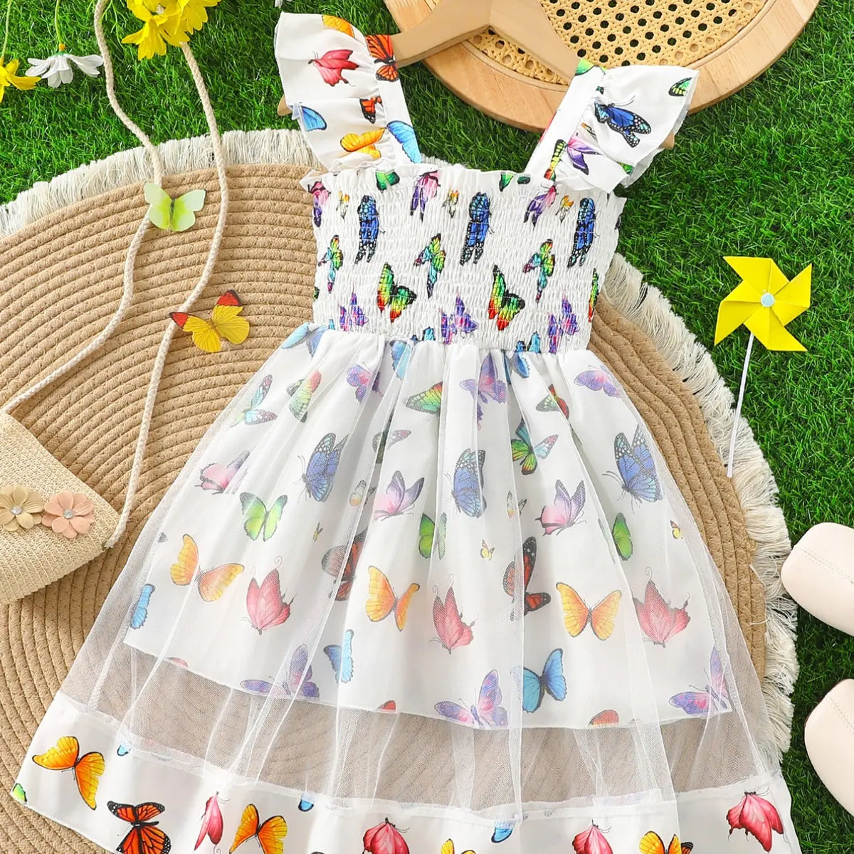Young Girls Summer Casual Dress, Sleeveless Design, Butterfly Print Pattern, Sweet Style, Colorful Netted Hem Princess Gown, Dresses for Summer, Sundress