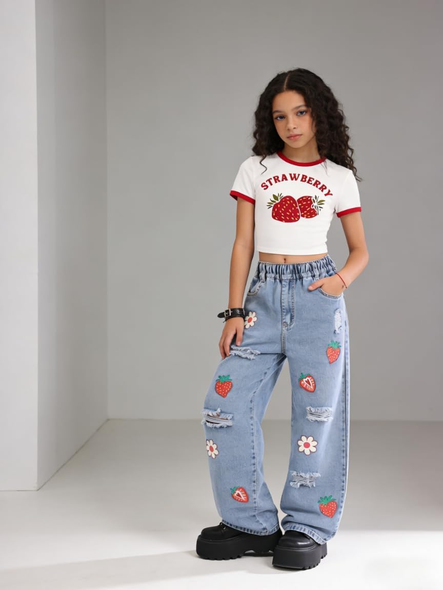 Azmxynol Tween Girl Clothes Short Sleeve Top + Butterfly Design Jeans 2 Pieces Spring Summer Outfit Set, Size 6-16 Years