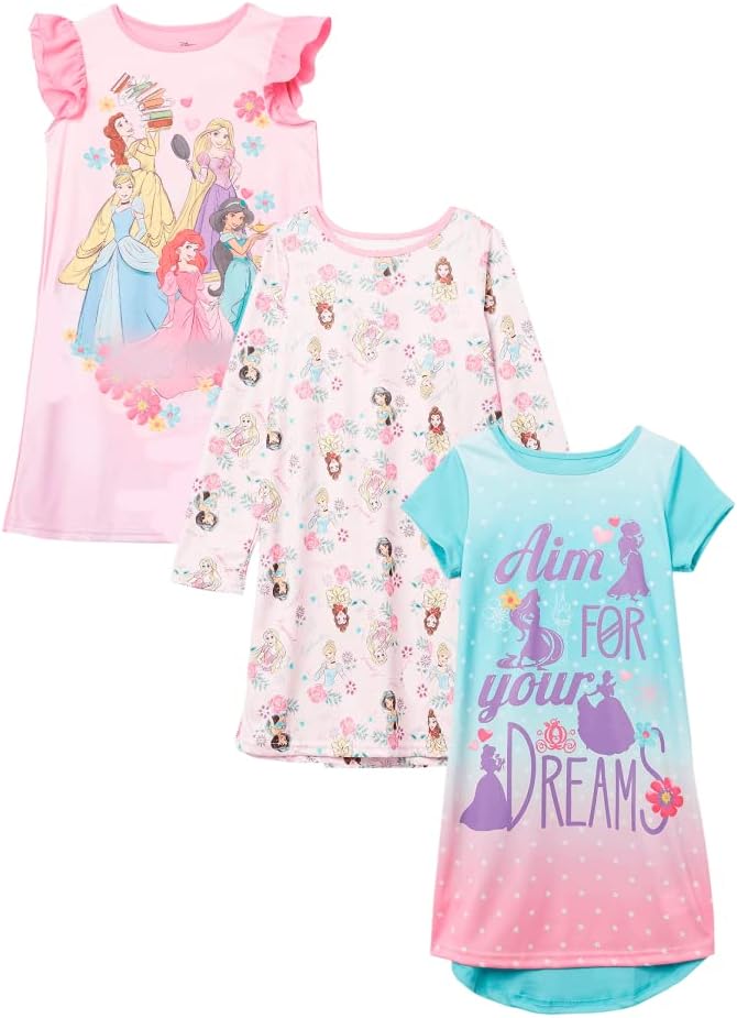 Disney Girls' 3-pack Nightgowns, Comfortable Sleepwear Gowns