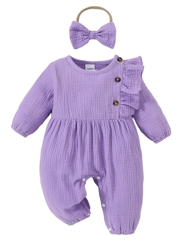 Newborn Baby Girls Smocked Romper Preemie Long Sleeve Going Home Outfit with Bow Headband