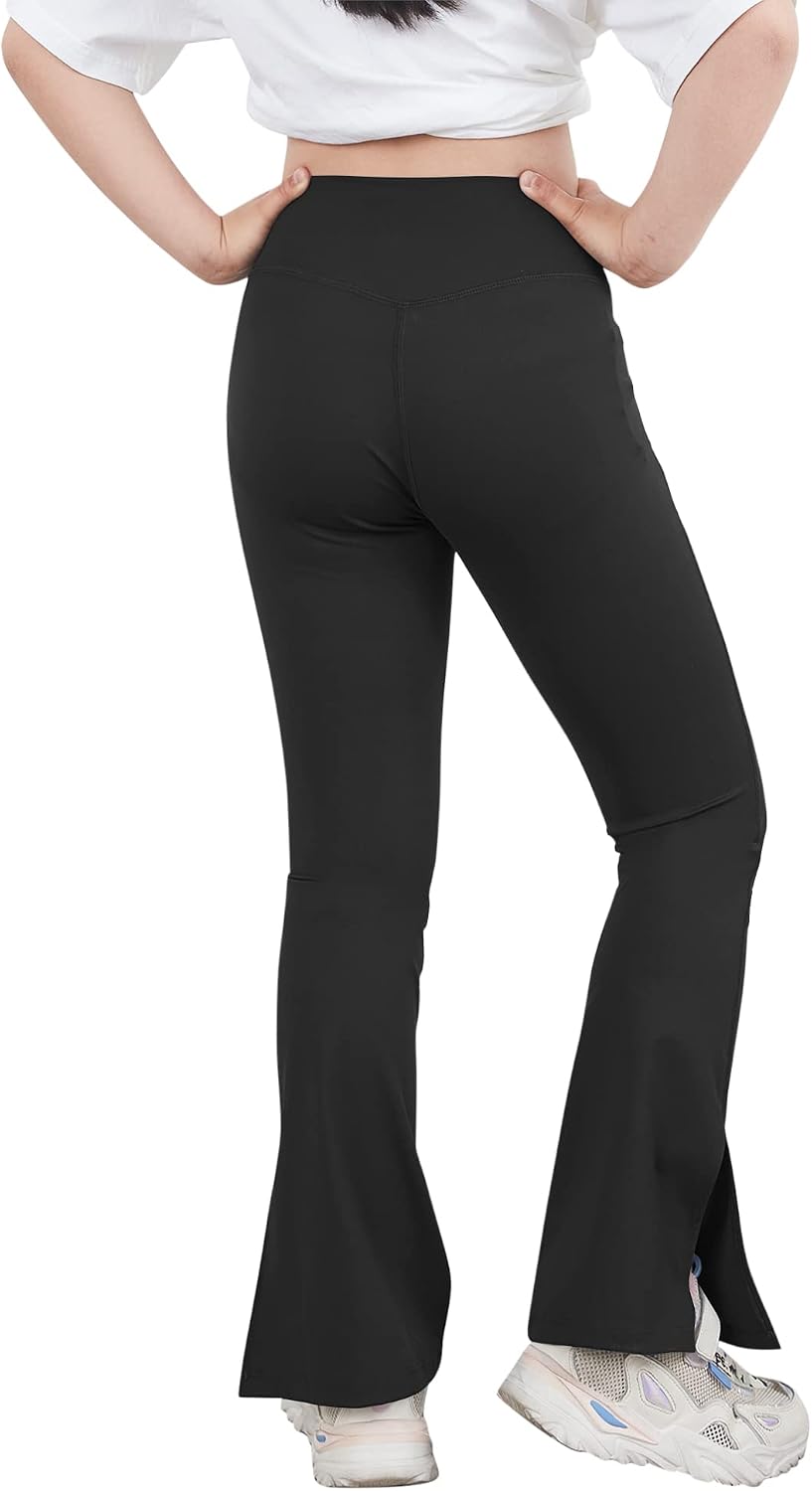 Teen Girls Bootcut Yoga Pants Kids Active Crossover Split Hem Flare Leggings with Pockets