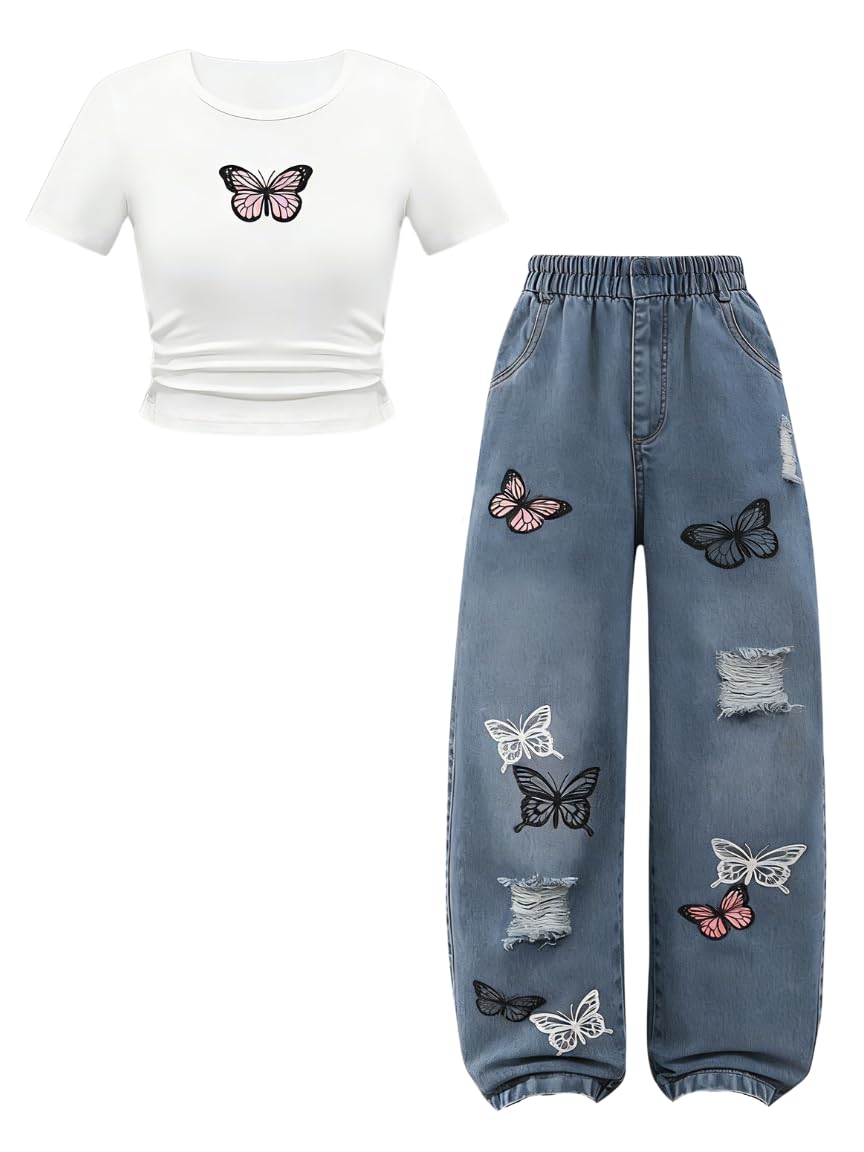 Azmxynol Tween Girl Clothes Short Sleeve Top + Butterfly Design Jeans 2 Pieces Spring Summer Outfit Set, Size 6-16 Years
