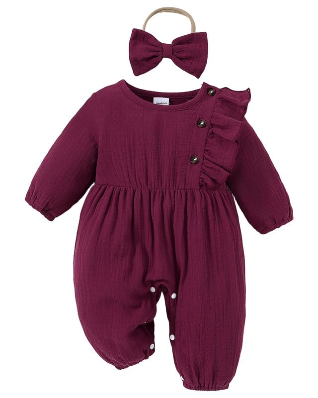 Newborn Baby Girls Smocked Romper Preemie Long Sleeve Going Home Outfit with Bow Headband