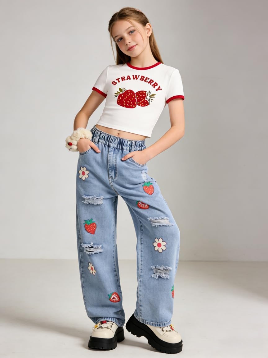 Azmxynol Tween Girl Clothes Short Sleeve Top + Butterfly Design Jeans 2 Pieces Spring Summer Outfit Set, Size 6-16 Years
