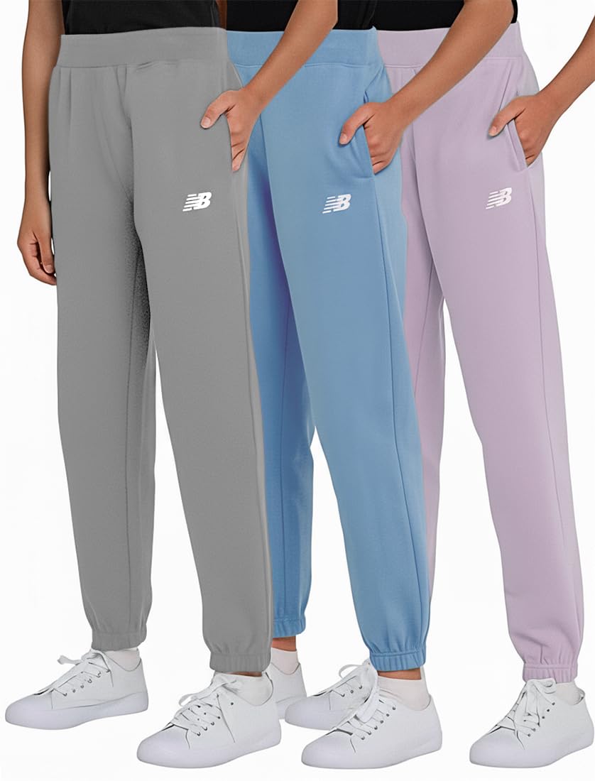 New Balance Girls Sweatpants 3-Pack, Soft Cotton Blend Fleece Joggers, 4-16