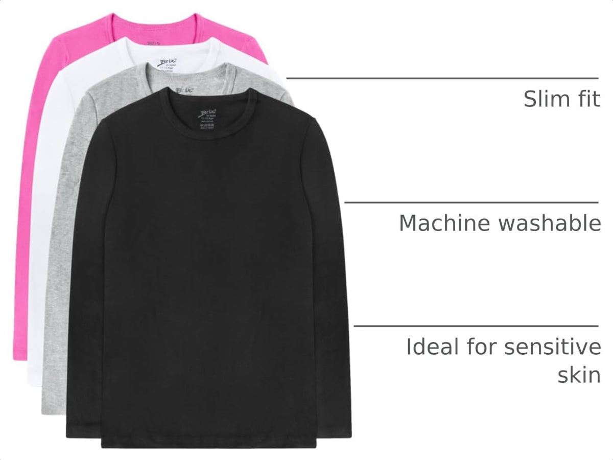 Brix Girls' Long Sleeve Tees - 100% Cotton 4 -Pack Crew Neck T Shirts.