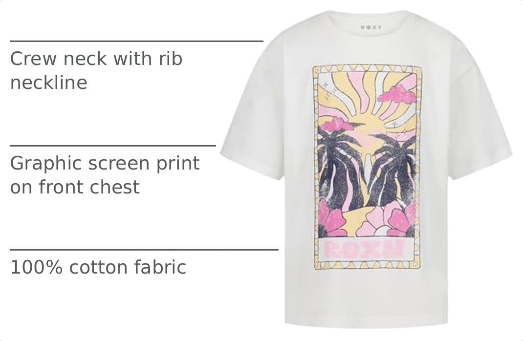 Roxy Girls' Short Sleeve Oversized Fit Logo Tee, Crew Neck Graphic T-Shirt, Soft & Comfortable