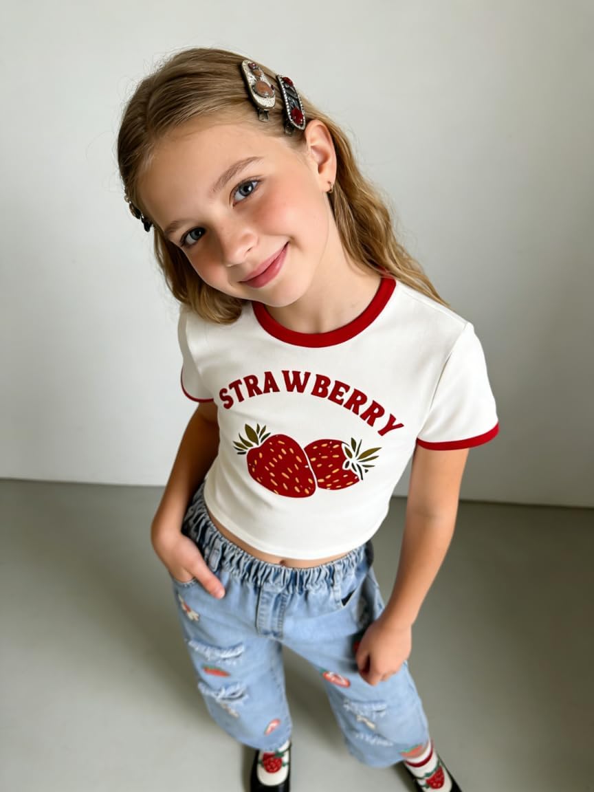 Azmxynol Tween Girl Clothes Short Sleeve Top + Butterfly Design Jeans 2 Pieces Spring Summer Outfit Set, Size 6-16 Years