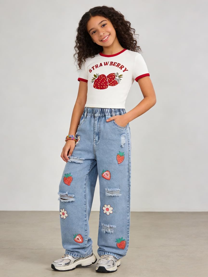 Azmxynol Tween Girl Clothes Short Sleeve Top + Butterfly Design Jeans 2 Pieces Spring Summer Outfit Set, Size 6-16 Years