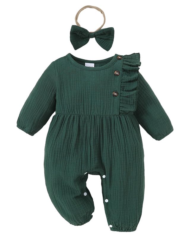 Newborn Baby Girls Smocked Romper Preemie Long Sleeve Going Home Outfit with Bow Headband