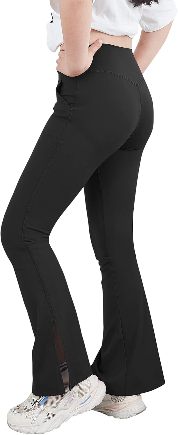 Teen Girls Bootcut Yoga Pants Kids Active Crossover Split Hem Flare Leggings with Pockets