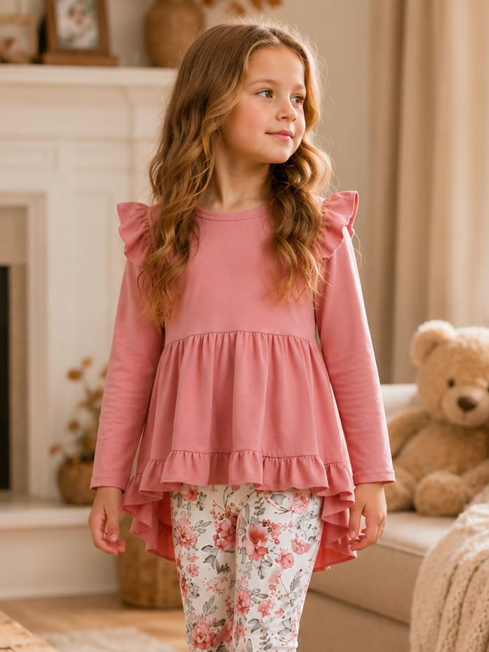 Doresbebe Toddler Girl Clothes Kid Fall Outfit Ruffle Sleeve Shirt Top Floral Pants Winter Clothing Set